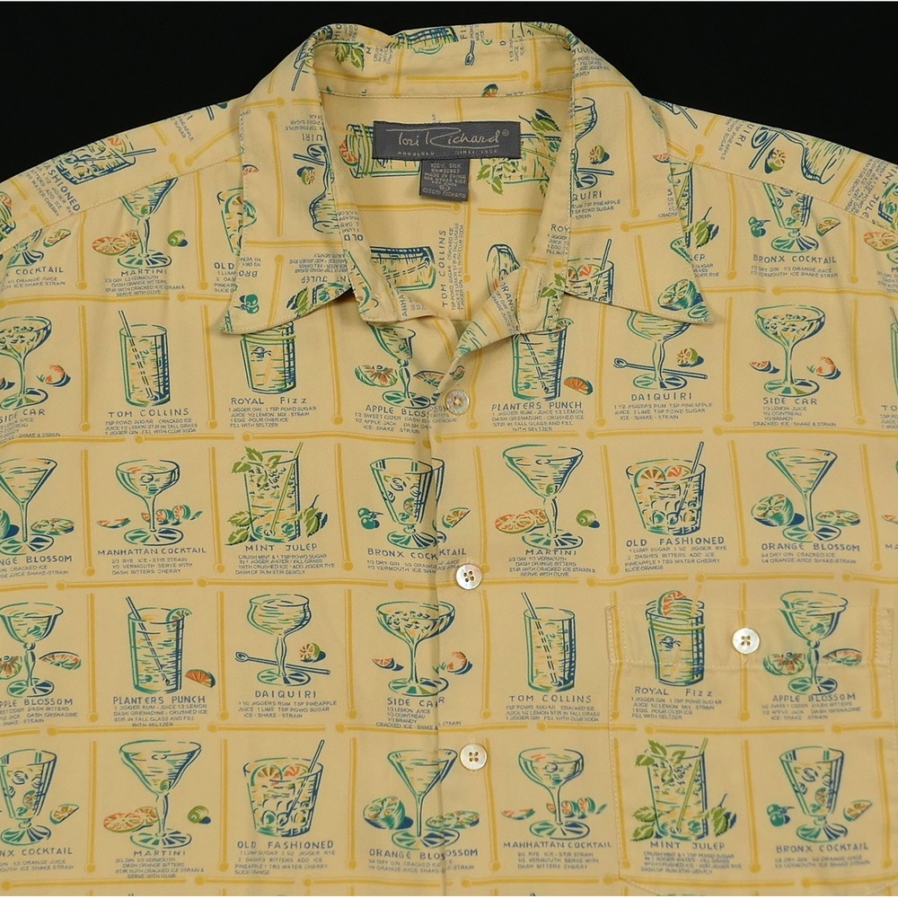 Tori Richard Mens L Silk Cocktail Recipe Print Camp Shirt Tom Collins Daiquiri